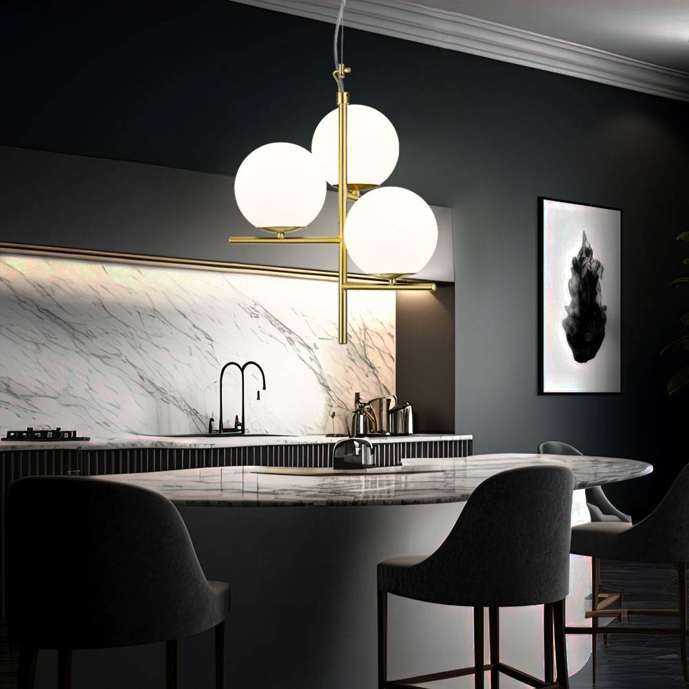 Hängeleuchte Pendellampe Wohnzimmerleuchte, Retro Hängelampe, 3-flammig, Höhenverstellbar, Metall Glas, messing weiß, 3x E14 Fassung, DxH 40x150