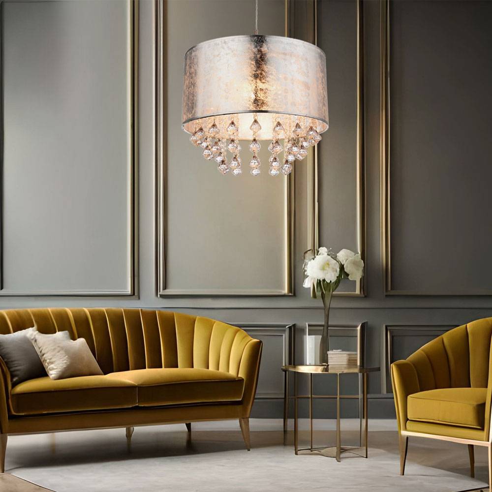 Hängeleuchte Textilschirm Pendelleuchte Kristalle silber Hängelampe Esstischleuchte Stoff, Nickel matt, klar, 1x E27 Fassung, DxH 40x140 cm