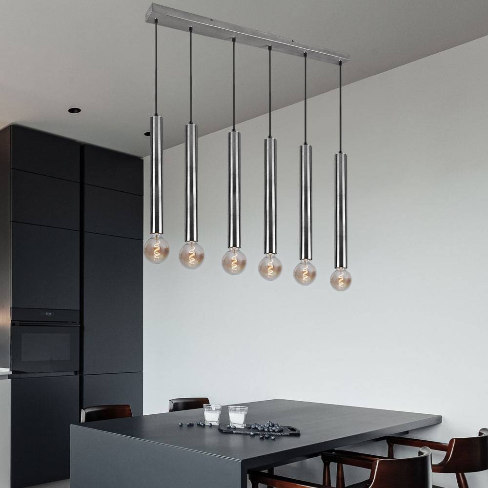 Pendellampe Esstisch hängend Hängelampe 6 Flammig Pendelleuchte Esstischleuchte Höhenverstellbar, Metall nickel, 6x E27 Fassungen, LxH 110x150 cm