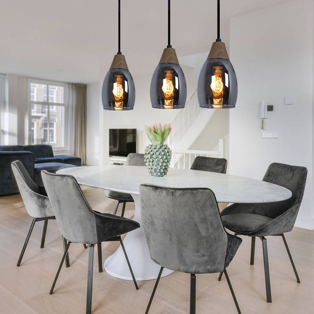 Pendelleuchte Glas Hängeleuchte Glas Lampe Rauchglas, 3 flammig Holz natur Rauchglas Metall schwarz, 3x E27 Fassungen, LxBxH 55x10x120cm