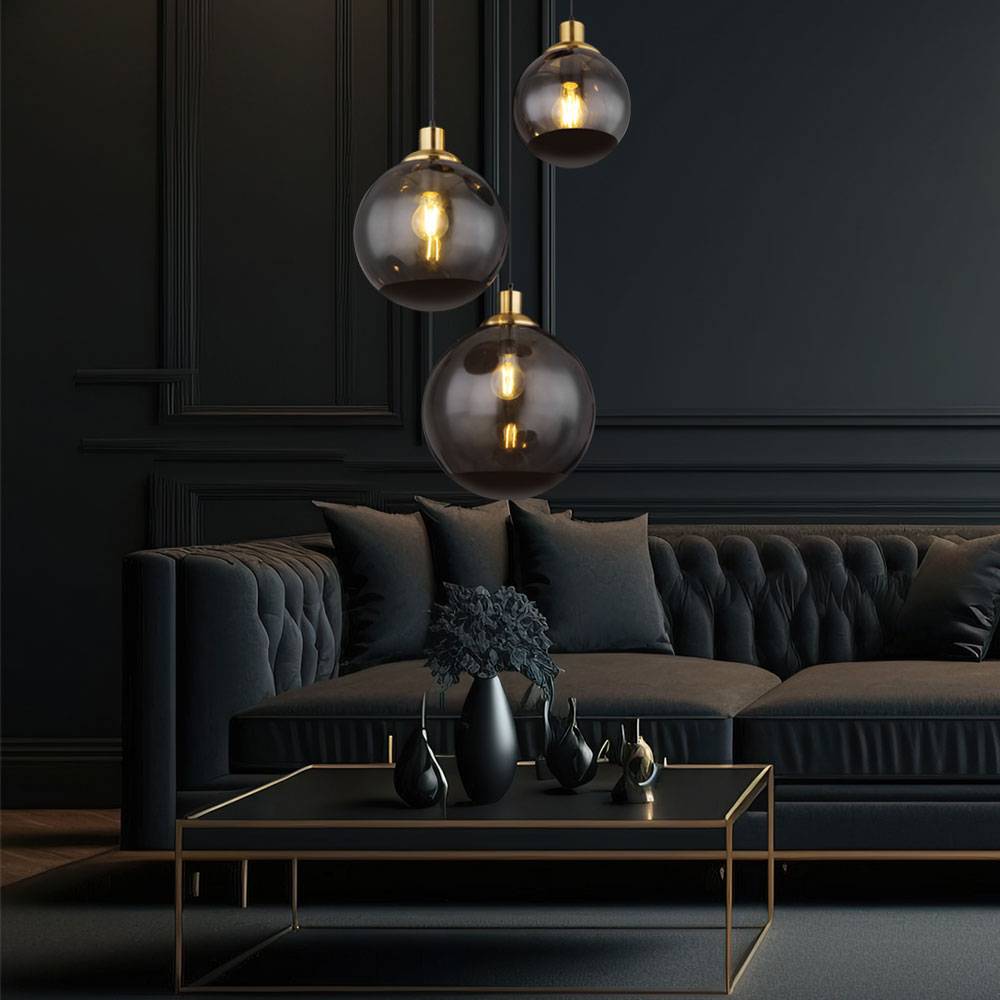 Hängeleuchte Glas modern Pendellampe Wohnzimmer Rauchglas schwarz 3 flammig, Metall Glaskugeln messing Retro, 3x E27 Fassungen, DxH 51x120 cm