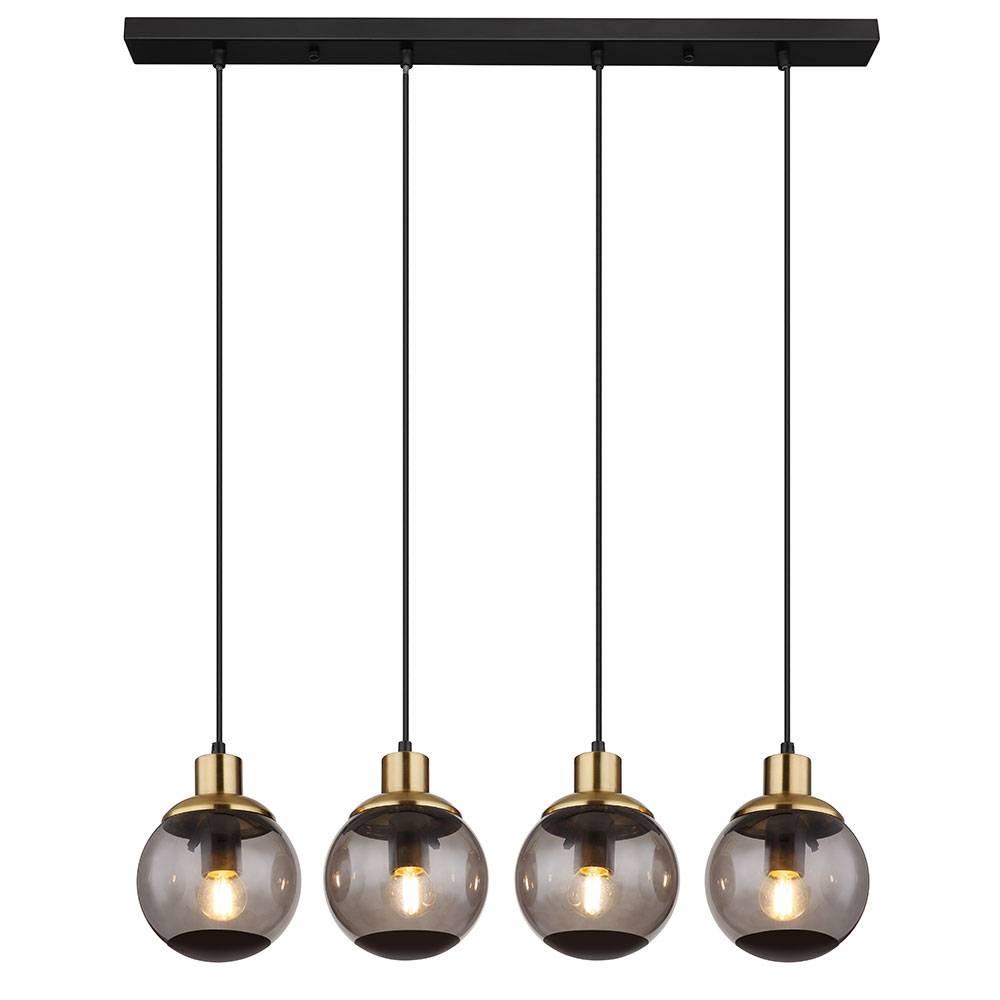 Hängelampe Glas modern Pendelleuchte Rauchglas Hängeleuchte schwarz, 4 flammig Metall Glaskugeln messing Retro, 4x E27 Fassungen, LxBxH 75x15x110cm