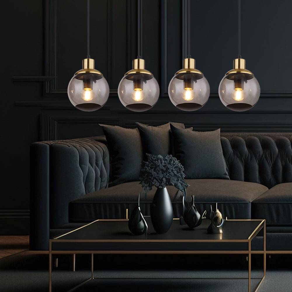 Hängelampe Glas modern Pendelleuchte Rauchglas Hängeleuchte schwarz, 4 flammig Metall Glaskugeln messing Retro, 4x E27 Fassungen, LxBxH 75x15x110cm