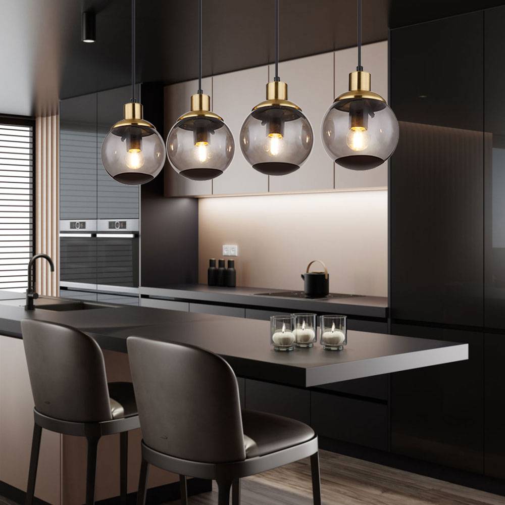 Hängelampe Glas modern Pendelleuchte Rauchglas Hängeleuchte schwarz, 4 flammig Metall Glaskugeln messing Retro, 4x E27 Fassungen, LxBxH 75x15x110cm