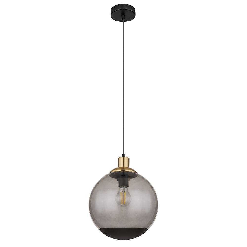 Hängelampe Glas modern Pendelleuchte Rauchglas Hängeleuchte schwarz, Metall Glaskugel messing Retro, 1x E27 Fassung, DxH 25x120cm