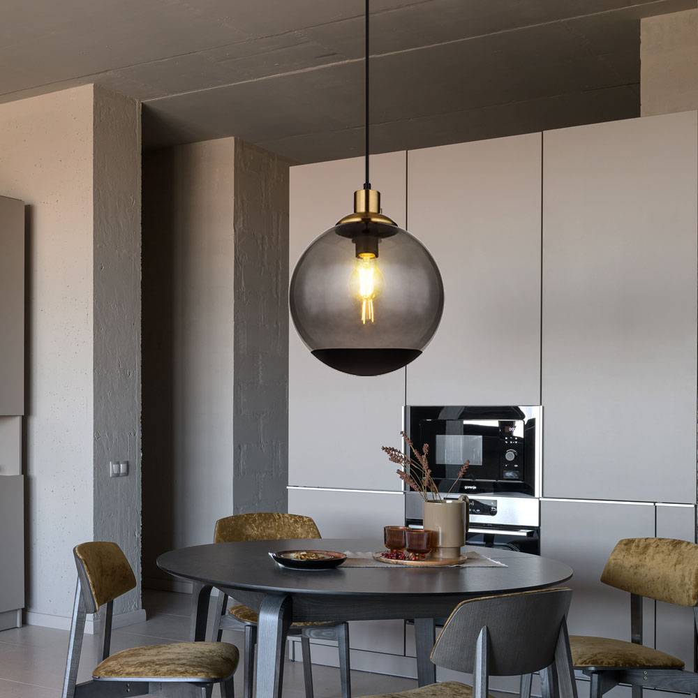 Hängelampe Glas modern Pendelleuchte Rauchglas Hängeleuchte schwarz, Metall Glaskugel messing Retro, 1x E27 Fassung, DxH 25x120cm