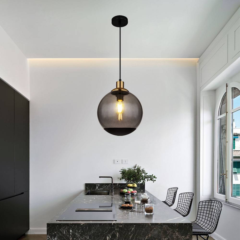 Hängelampe Glas modern Pendelleuchte Rauchglas Hängeleuchte schwarz, Metall Glaskugel messing Retro, 1x E27 Fassung, DxH 25x120cm