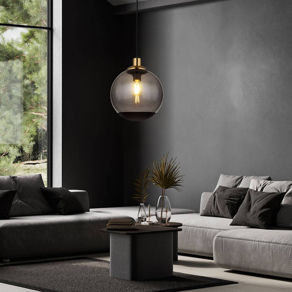 Hängelampe Glas modern Pendelleuchte Rauchglas Hängeleuchte schwarz, Metall Glaskugel messing Retro, 1x E27 Fassung, DxH 25x120cm