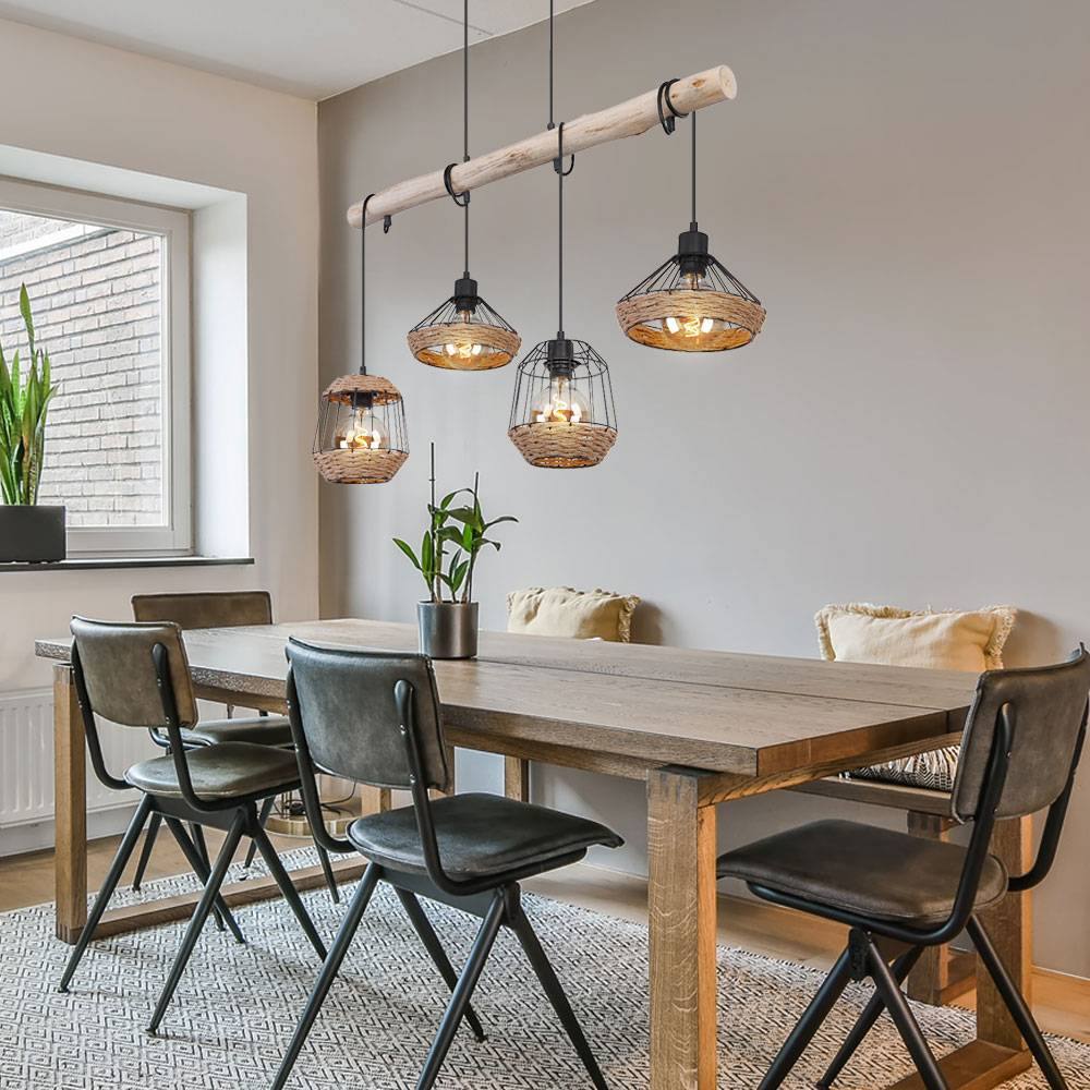 Hängeleuchte Holzbalken Hängelampe Hanfseil Retro Holz Käfig-Design Esszimmerlampe hängend 4 Flammig, Kabel schwarz, 4x E27, LxBxH 105x21x120 cm