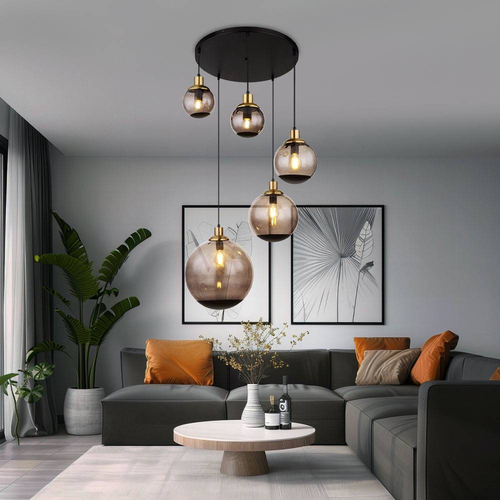 Pendelleuchte Esstisch 5 Flammig Esszimmerleuchte hängend Hängeleuchte Industrial schwarz, Glaskugeln rauch Messing, 5x E27 Fassungen, DxH 65x150 cm