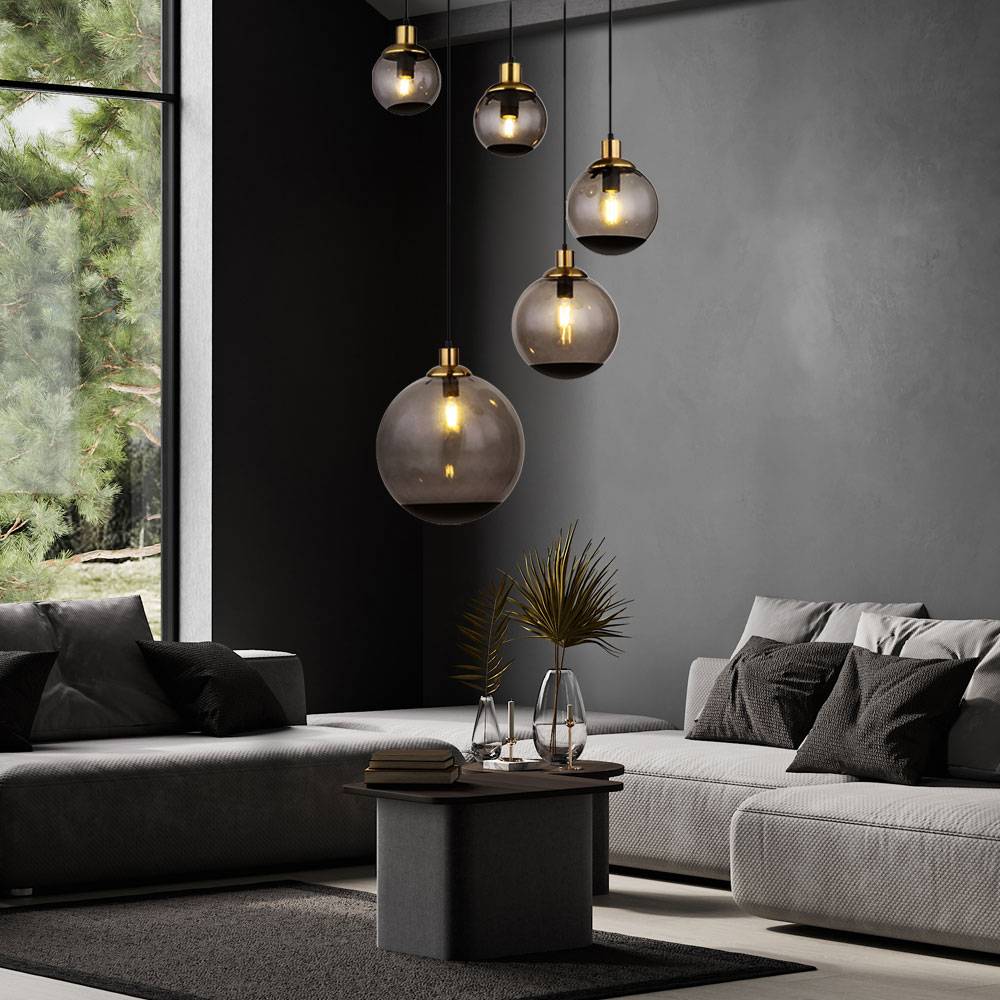 Pendelleuchte Wohnzimmer 5 Flammig Esszimmerleuchte Hängeleuchte Industrial schwarz, Glaskugeln rauch Messing, 5x E27 Fassungen, DxH 65x150 cm