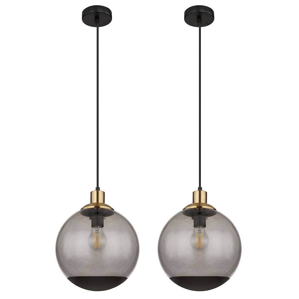 Pendelleuchte Hängelampe Glas modern Rauchglas Hängeleuchte schwarz, Metall Glaskugel messing Retro, 1x E27 Fassung, DxH 25x120 cm, 2er Set