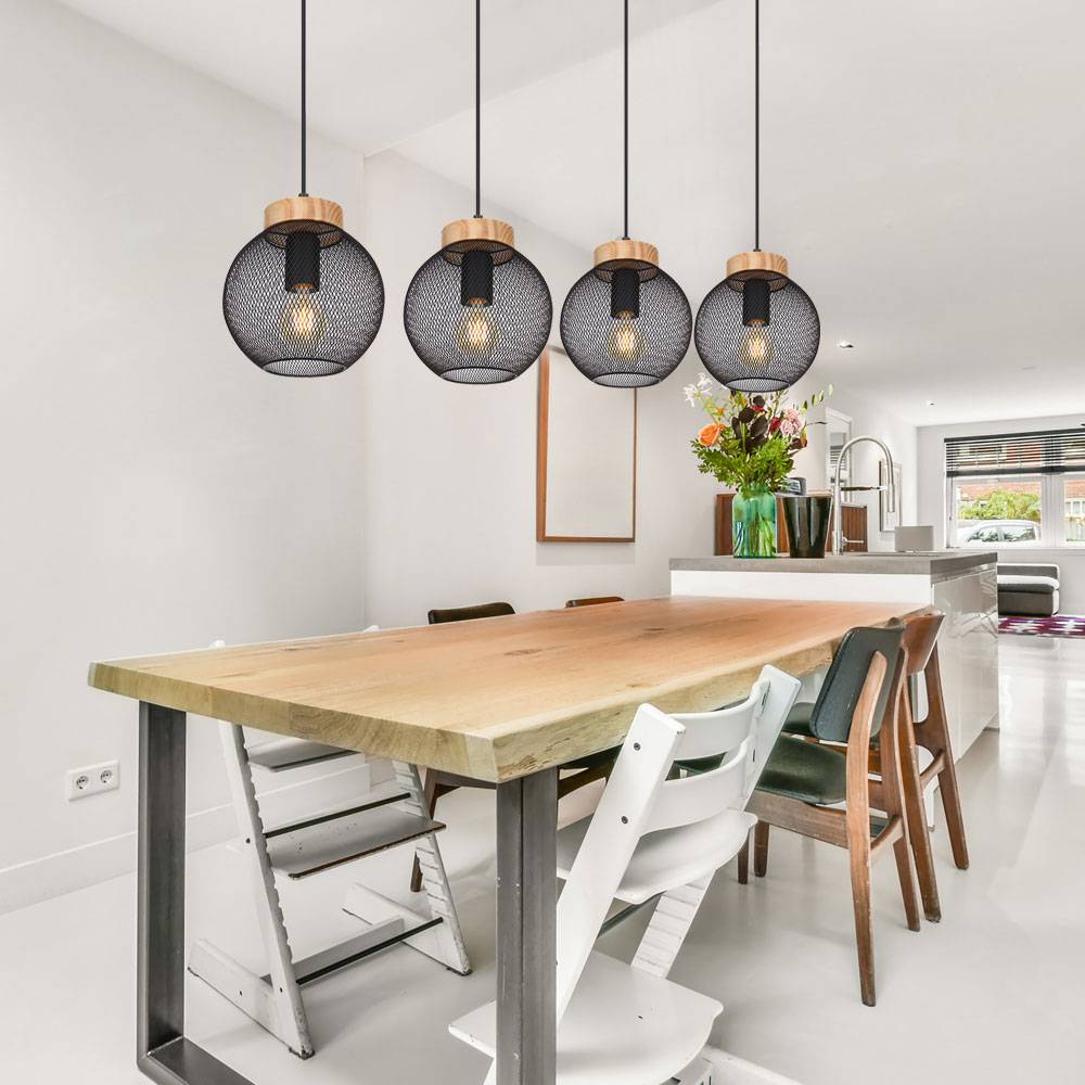 Hängeleuchte Käfig Design Hängelampe Esstisch Pendelleuchte Holz Kugelform, Metall Gitter schwarz, Fassungen 4x E27, LxBxH 95x20x120 cm