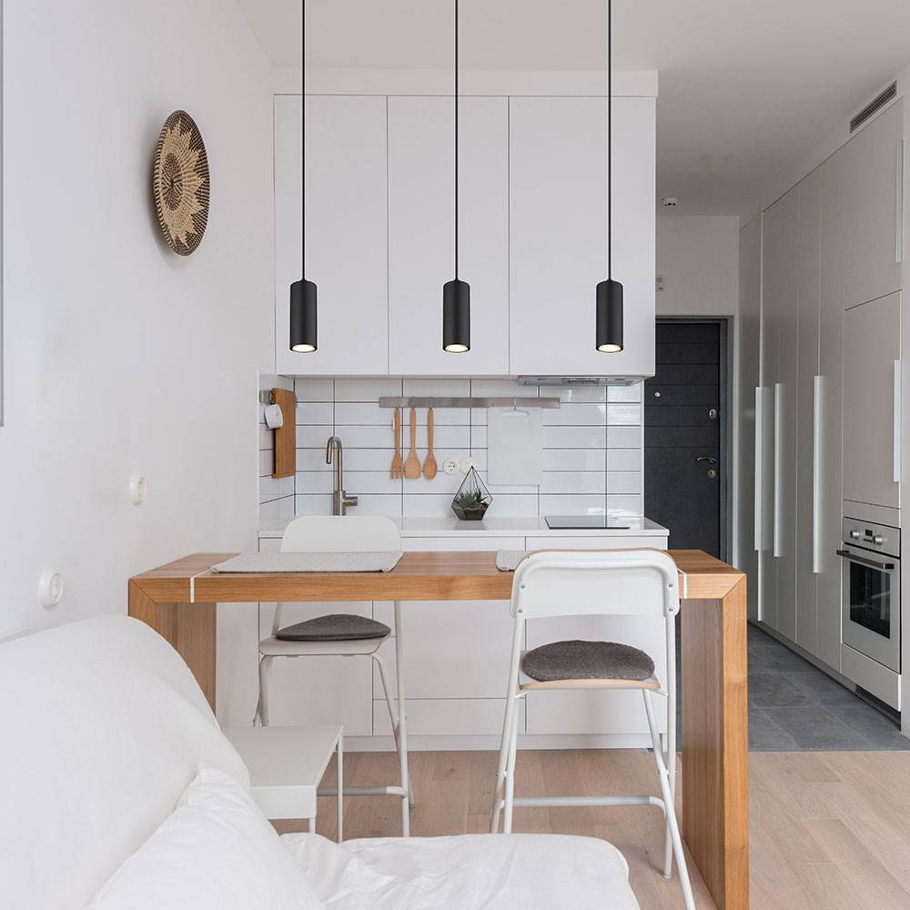 Lampe skandinavisch Hängeleuchte Hängelampen Wohnbereich Modern Pendelleuchte einflammig, Metall schwarz MDF Holzoptik, 1x GU10 Fassung, LxBxH 9x9x1