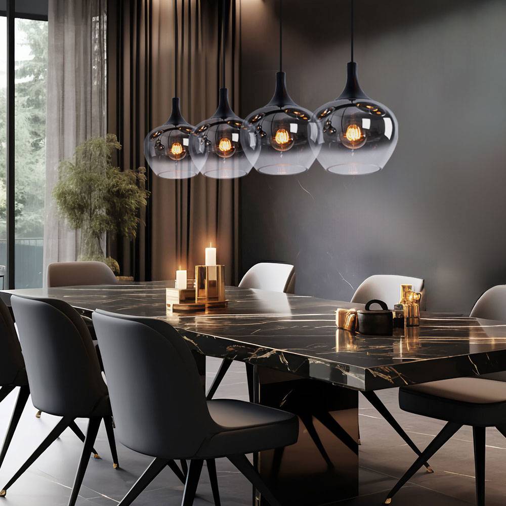 Pendellampe Hängeleuchte Esszimmer Pendelleuchte rauch Glasschirm, Metall schwarz, Fassungen 4x E27, LxBxH 100x18x120 cm