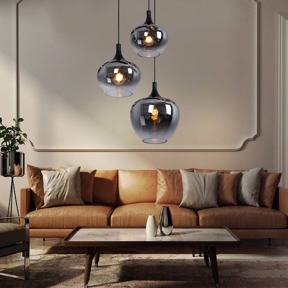 Hängeleuchte Pendellampe Wohnzimmer Pendelleuchte Esstischleuchte rauch Glasschirm, Metall schwarz, Fassungen 3x E27, DxH 48x120 cm