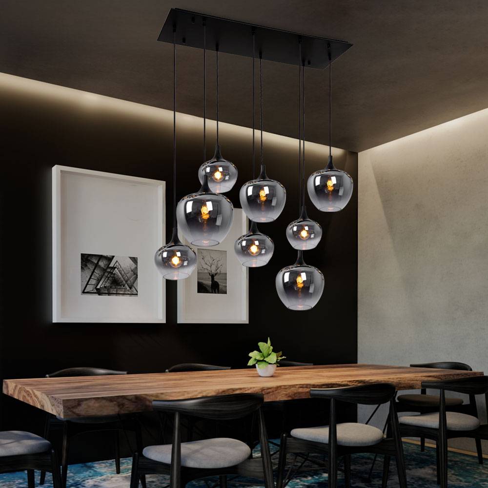 Pendellampe Hängeleuchte Wohnzimmer Pendelleuchte Wohnzimmer Esstischleuchte rauch Glasschirm, Metall schwarz, Fassungen 8x E27, LxBxH 105x45x120 cm