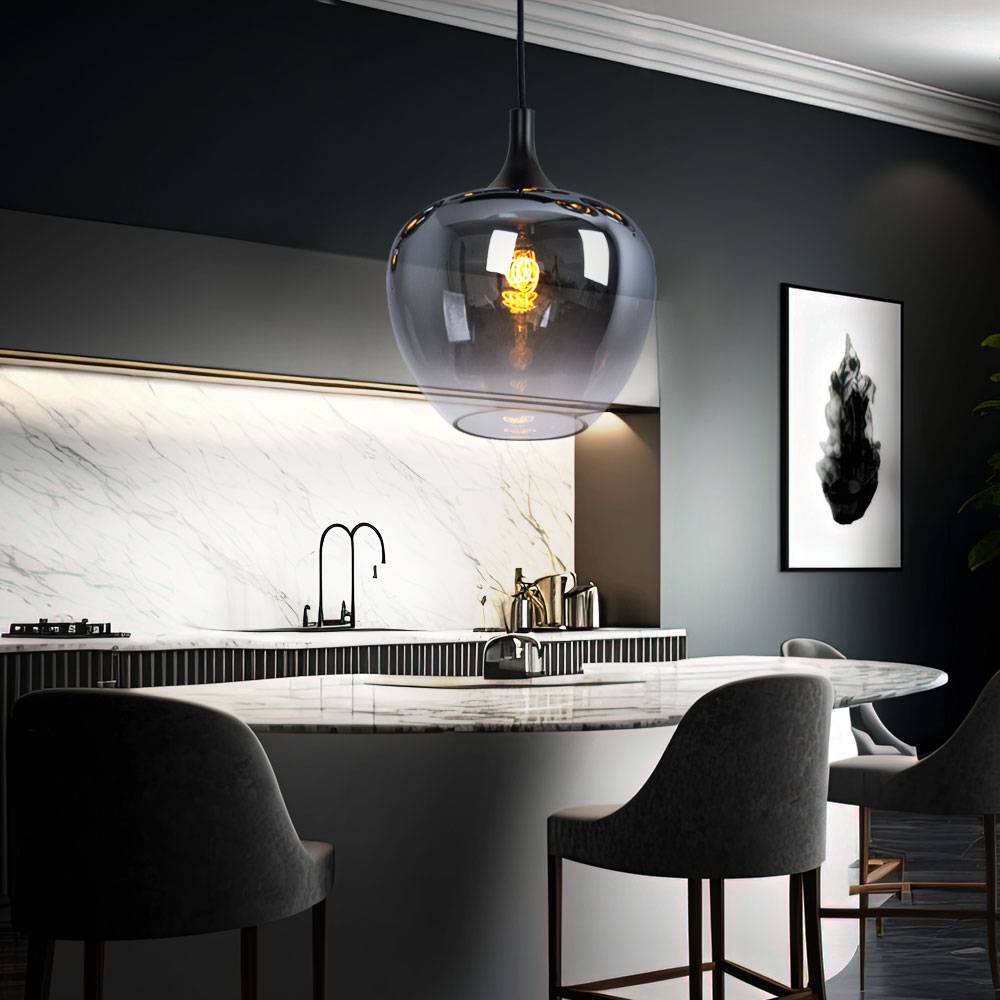 Hängelampe Esstischleuchte Pendellampe, Moderne Hängeleuchte, rauchfarbener Glasschirm, Metall, schwarz, matt, 1x E27 Fassung, DxH 29x120 cm