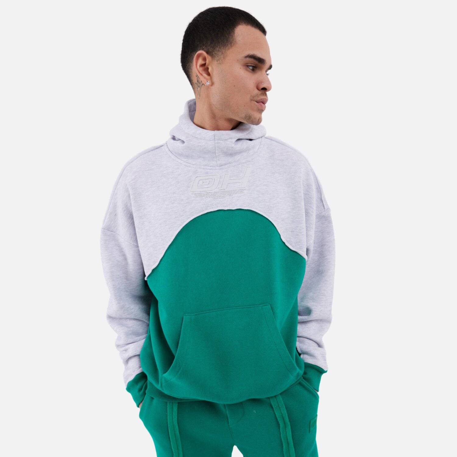 Ossy Homer Oversize Hoodie Cotton Kapuzenpullover Unisex (L) Grau-Grün