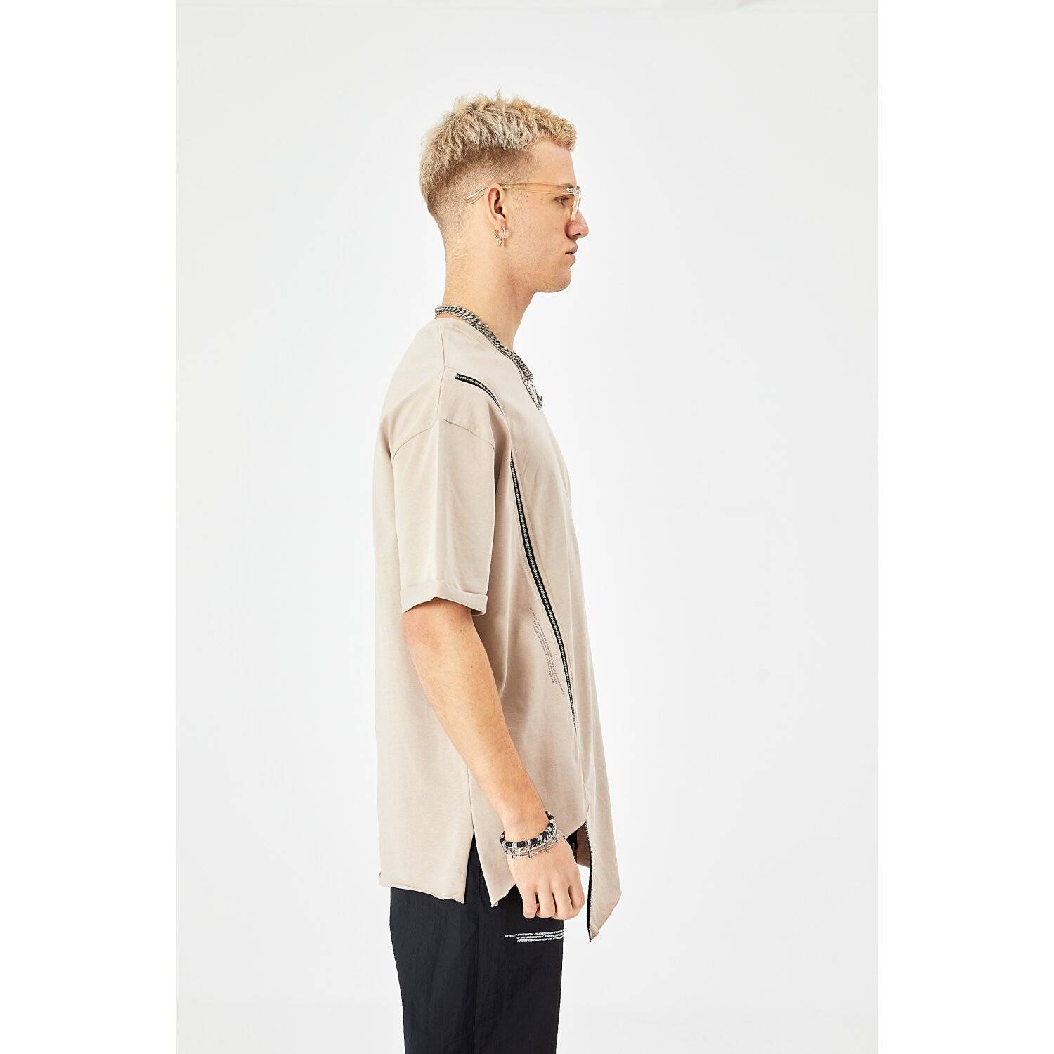 Herren ZIP T-Shirt 320gsm 100% Cotton Oversize Fit (S) Beige