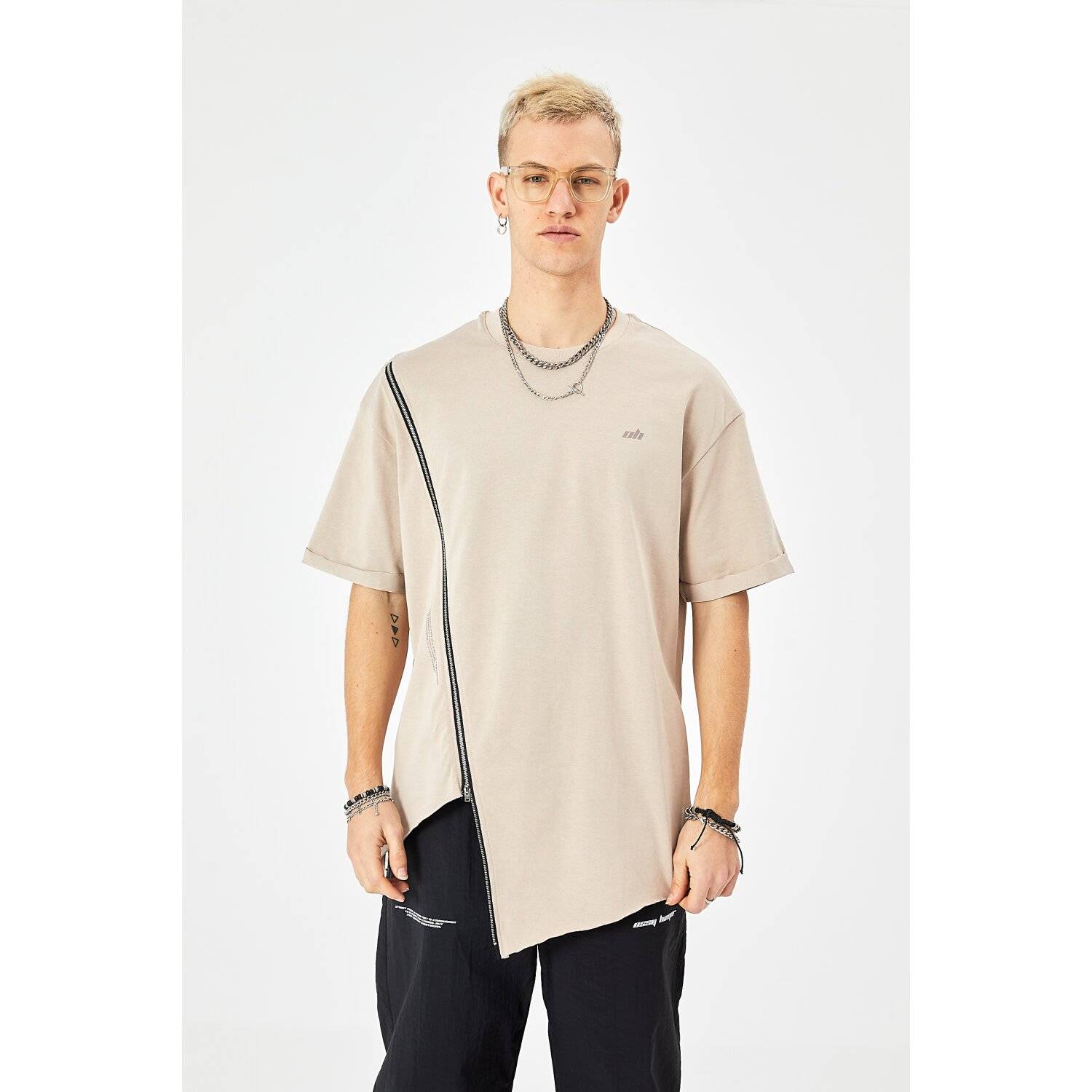 Herren ZIP T-Shirt 320gsm 100% Cotton Oversize Fit (M) Beige