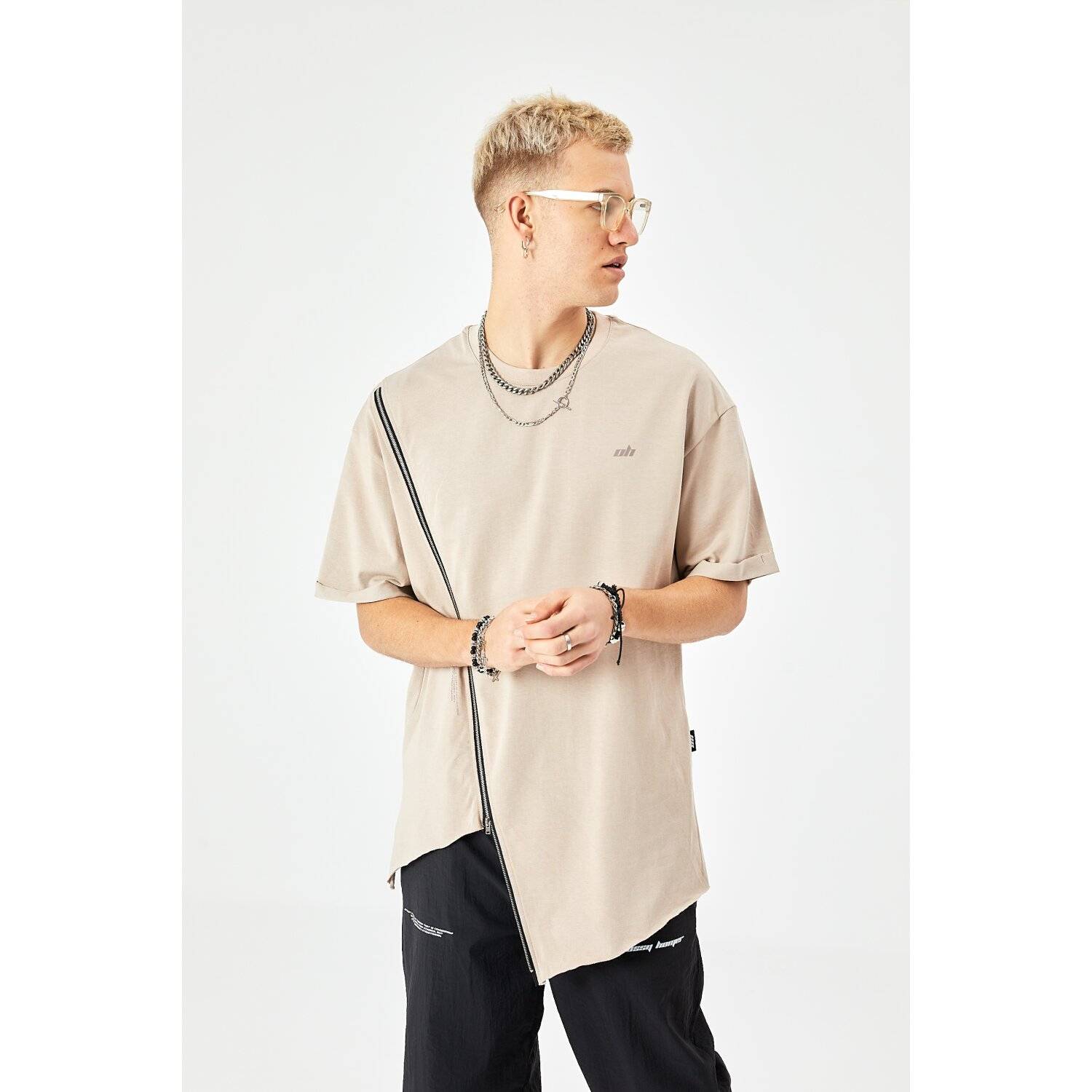 Herren ZIP T-Shirt 320gsm 100% Cotton Oversize Fit (M) Beige