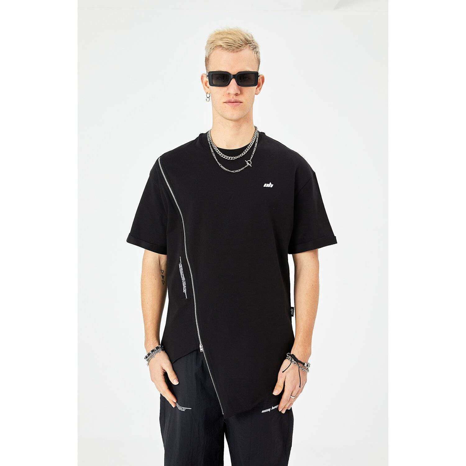 Herren ZIP T-Shirt 320gsm 100% Cotton Oversize Fit (XL) Schwarz