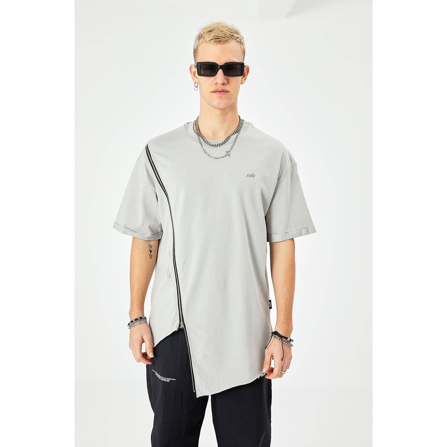 Herren ZIP T-Shirt 320gsm 100% Cotton Oversize Fit (S) Grau