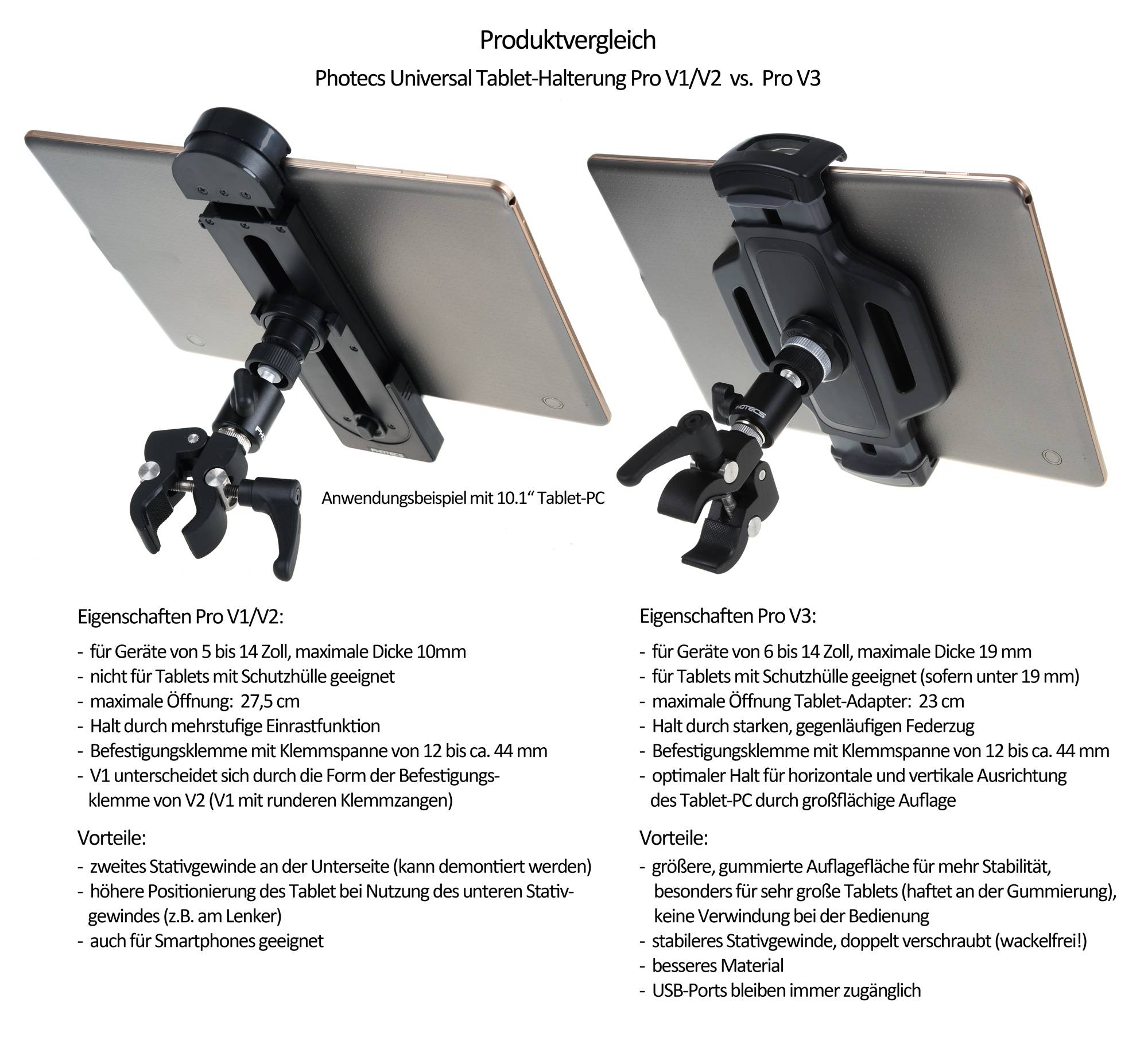 Photecs® Universal Auto Tablet-Halterung Pro V1-A für iPad Pro und andere Tablet-PC bis zu 14 Zoll ode