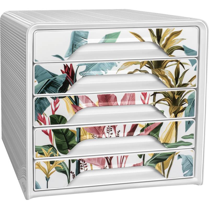 Ein Aufbewahrungsorganizer mit fünf Schubladen, der ein tropisches Pflanzendesign präsentiert und Blätter in verschiedenen Schattierungen von Grün, Rosa und Rot zeigt.