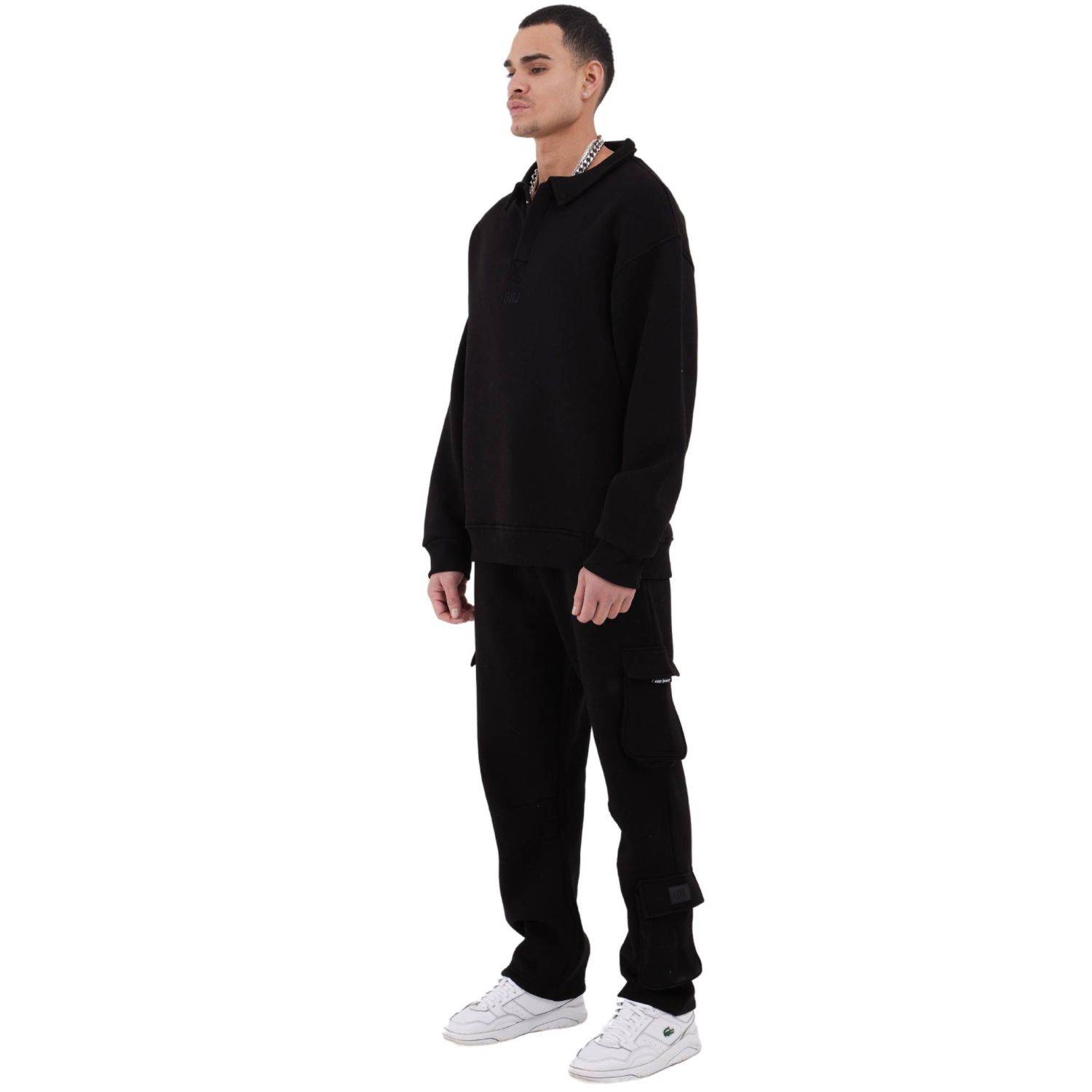 Jogginganzug Set Baumwolle Jogger Hoodie Pullover Oversize Fit (S) Schwarz