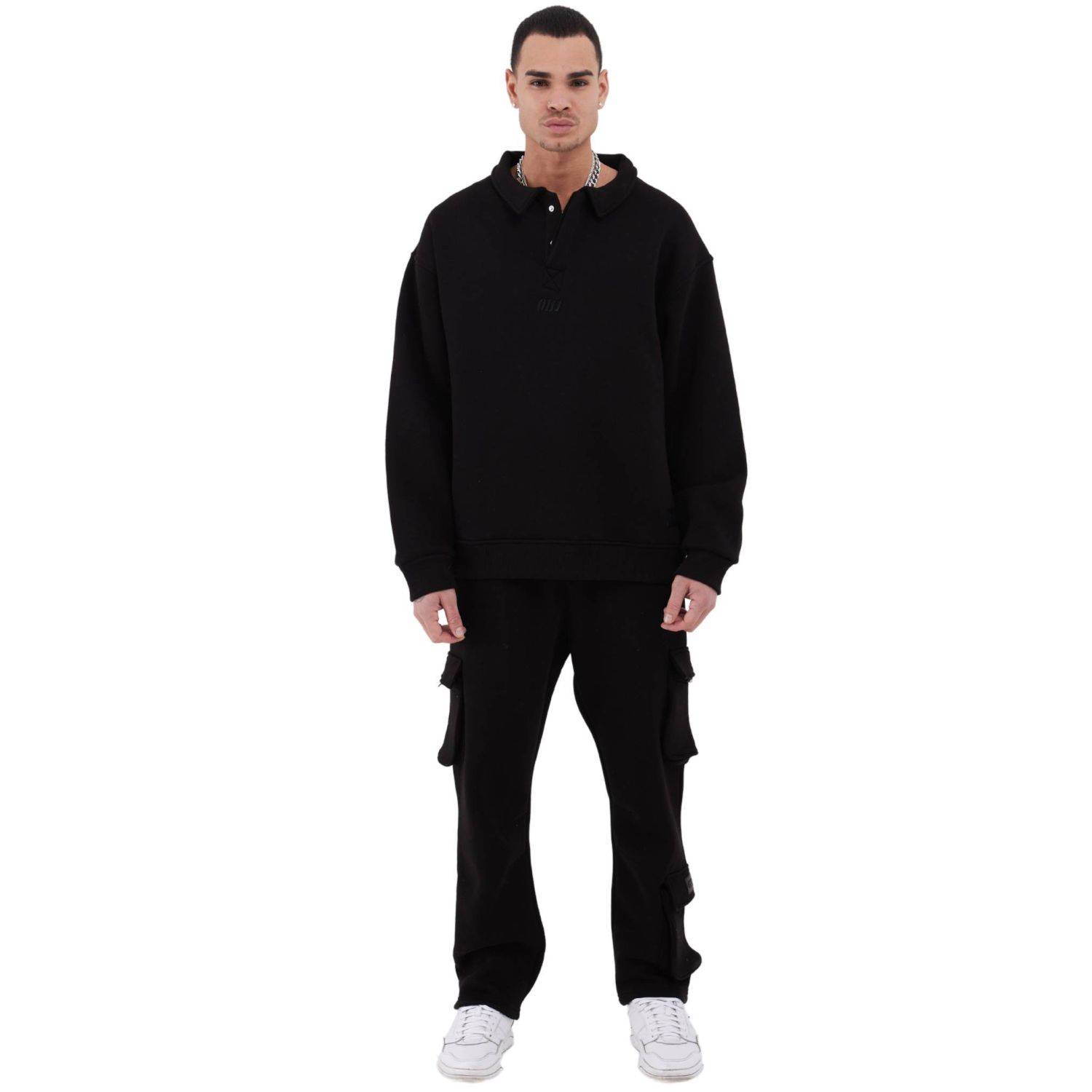 Jogginganzug Set Baumwolle Jogger Hoodie Pullover Oversize Fit (L) Schwarz