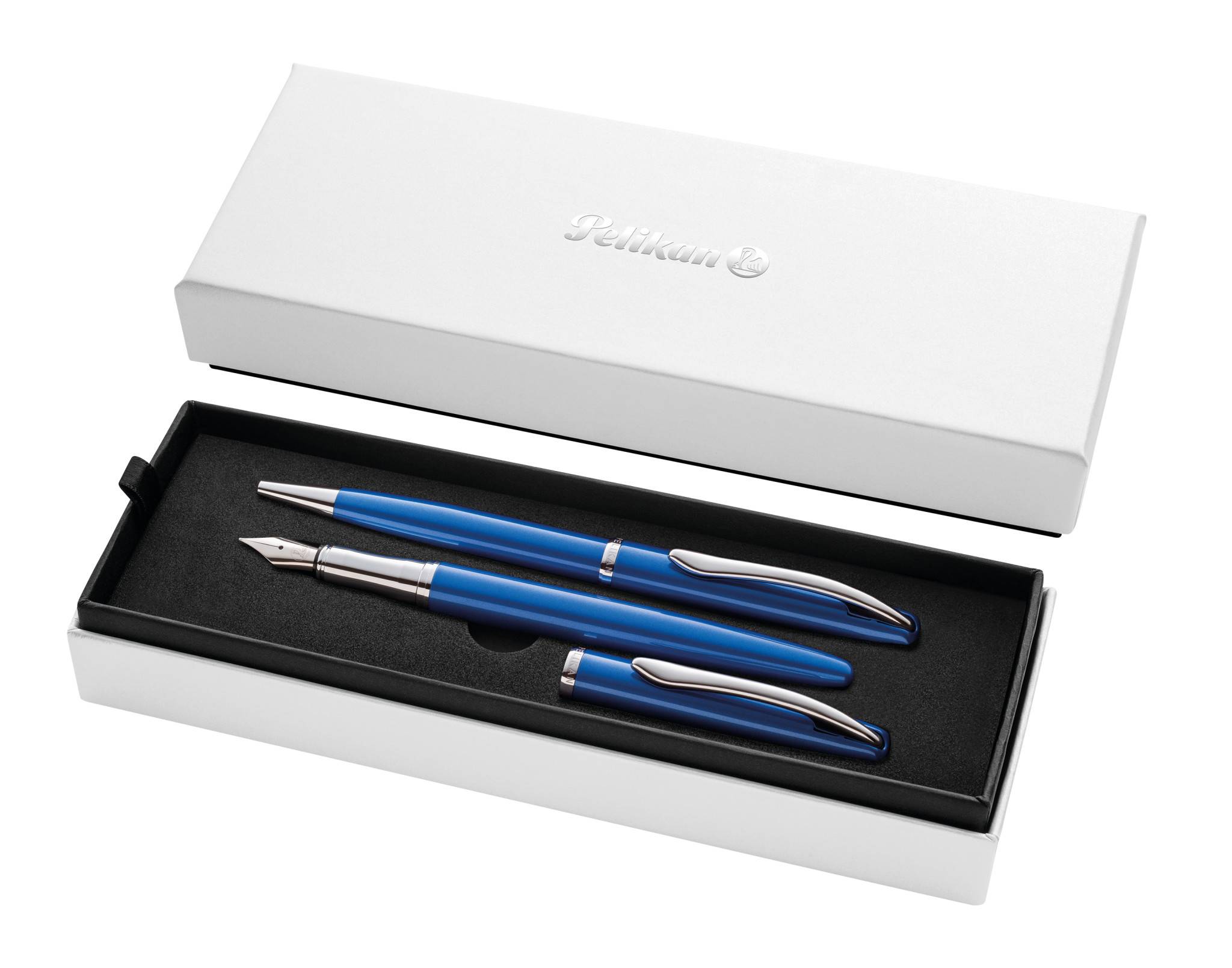 Blauer Füllfederhalter und passender Kugelschreiber in einer weißen Geschenkbox mit schwarzem Einsatz, präsentiert als Stiftset.