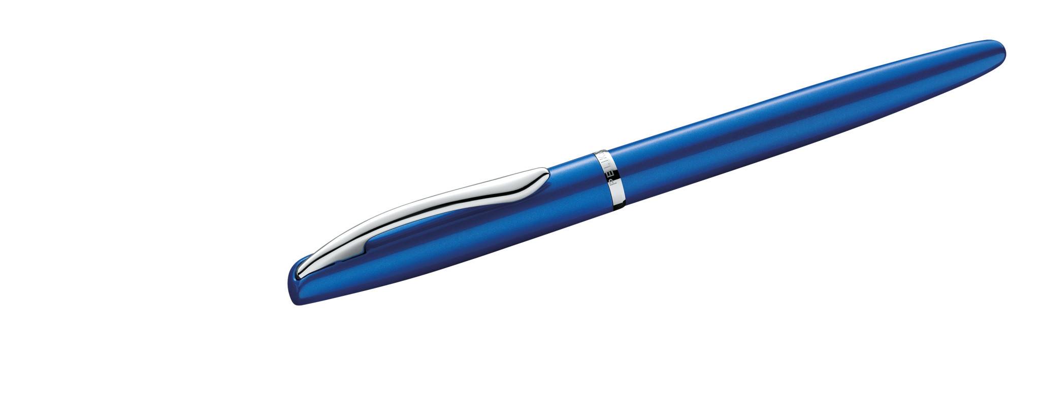 Blauer Kugelschreiber mit silbernen Akzenten diagonal auf weißem Hintergrund dargestellt