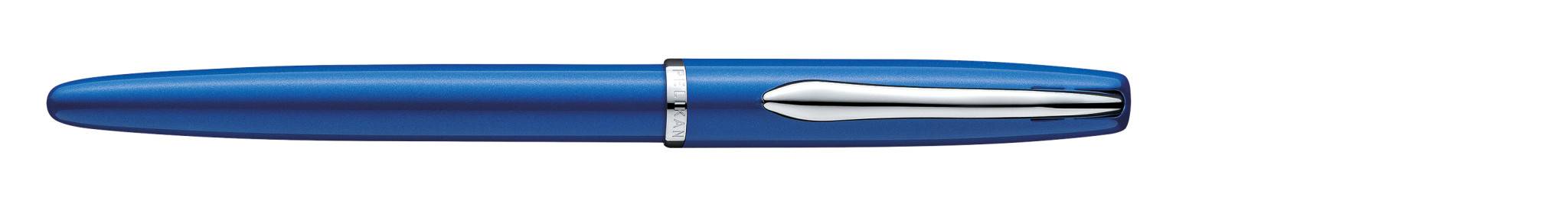 Blauschreiber mit silbernem Clip und Spitze auf weißem Hintergrund.