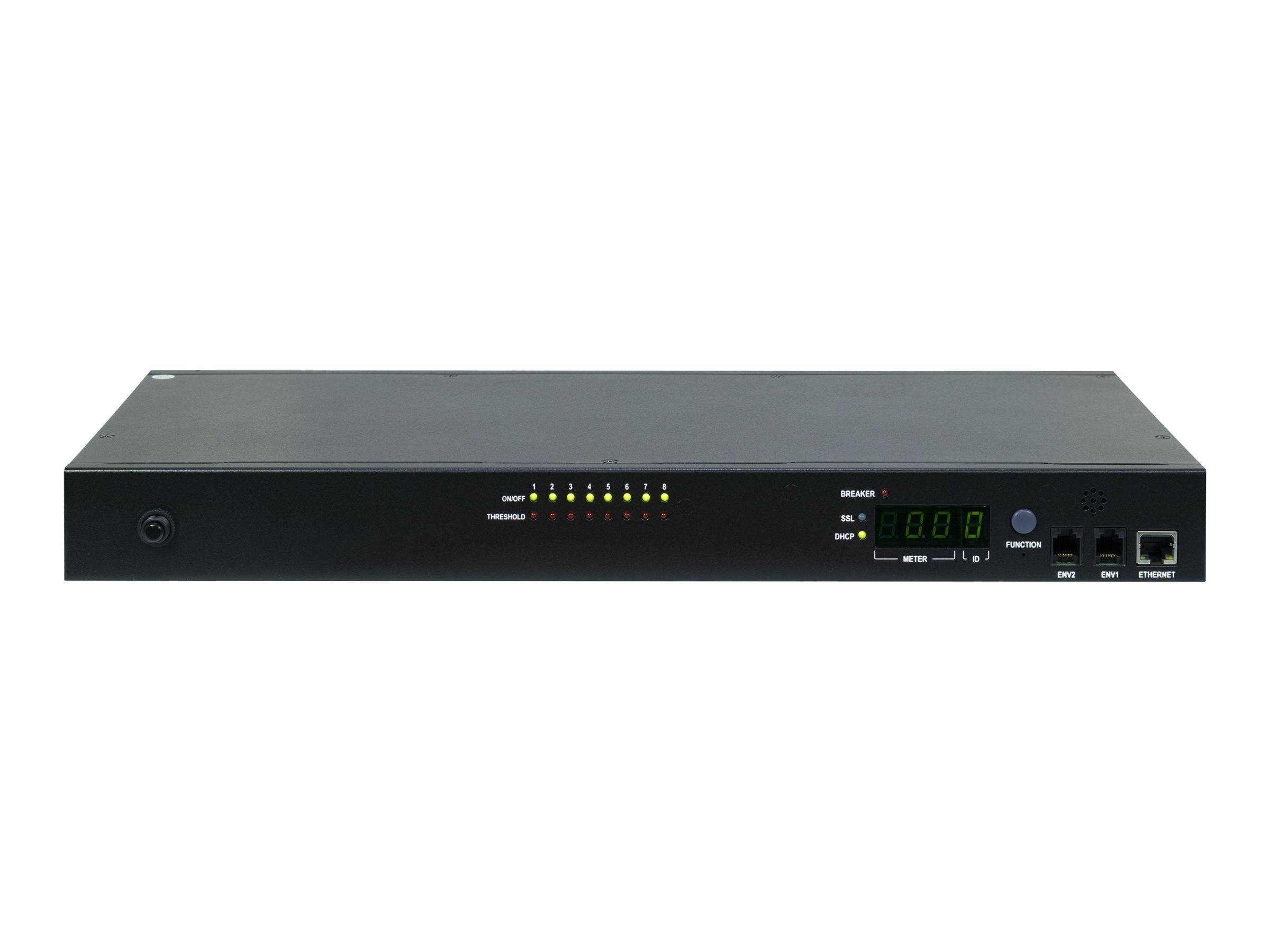 Schwarzes Rack-Mount-Elektronikgerät mit LED-Indikatoren an der Vorderseite, digitaler Anzeige, Netzschalter und Steuerports auf der rechten Seite.