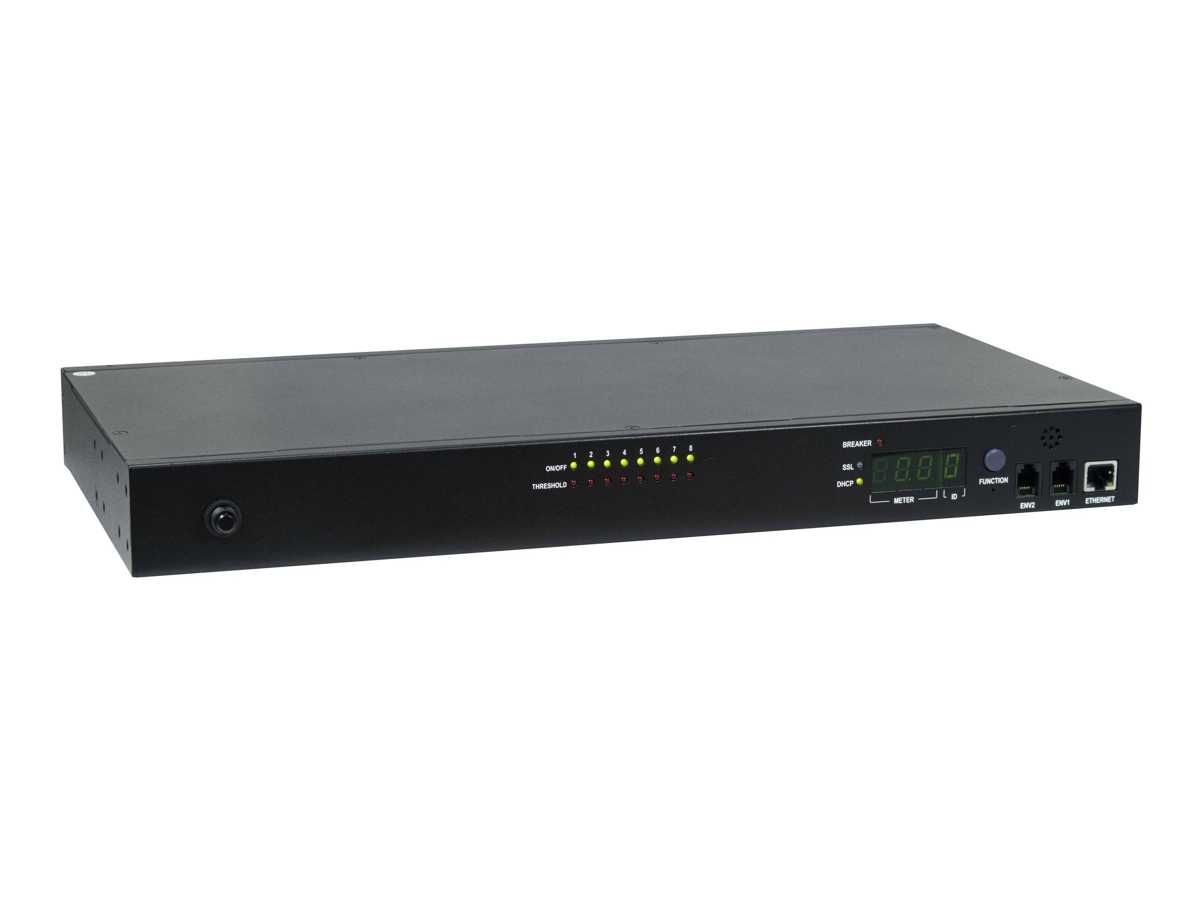 Schwarzes Gehäuse für Rack-Montage mit vorderseitigen Netzschalter, Status-LEDs, digitaler Anzeige und mehreren Steuerungsanschlüssen.