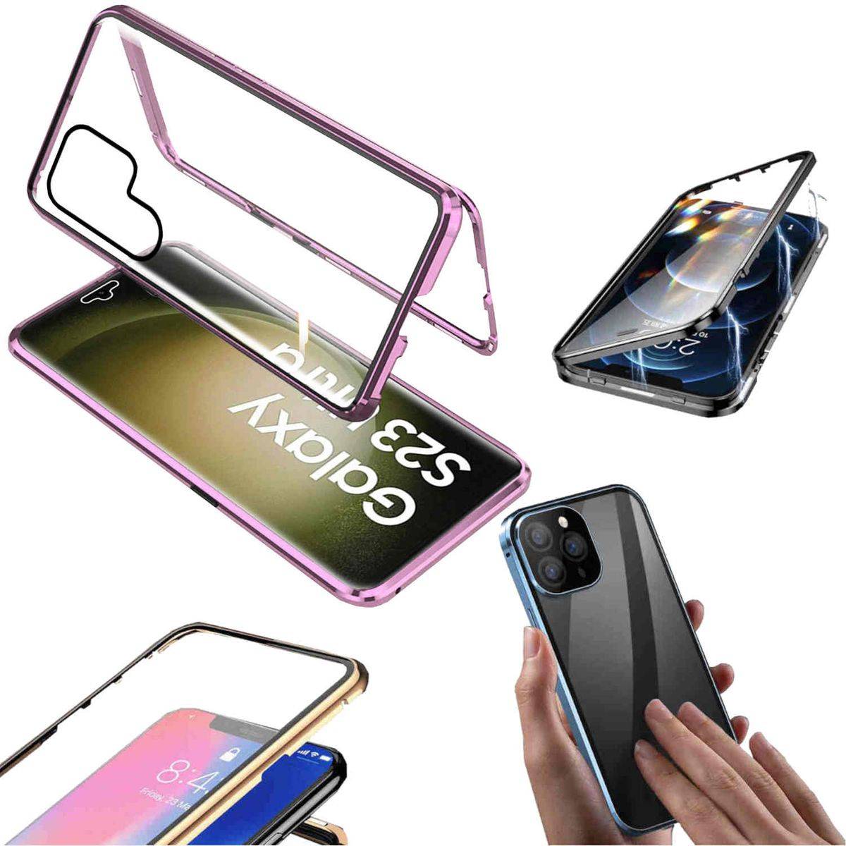 Für Samsung Galaxy S23 Ultra Beidseitiger 360 Grad Magnet Glas Hülle Handy Tasche Bumper Lila