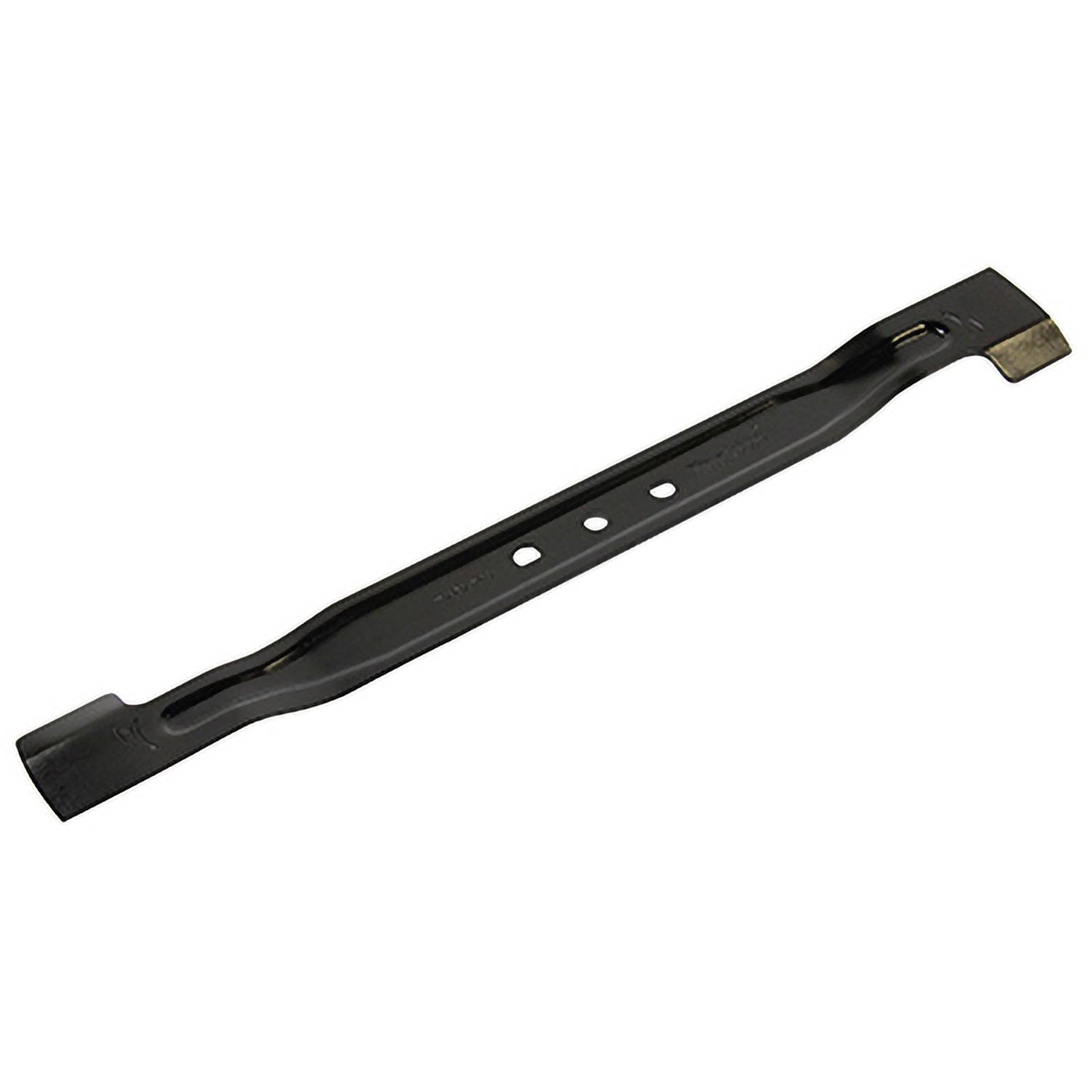 Eine schwarze Rasenmähermesser mit zwei Schneidkanten und drei Befestigungslöchern in der Mitte zur Anbringung.