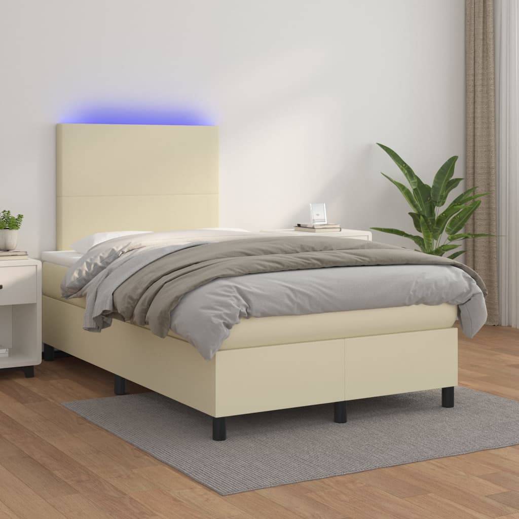 vidaXL Boxspringbett mit Matratze & LED Creme 120x200 cm Kunstleder