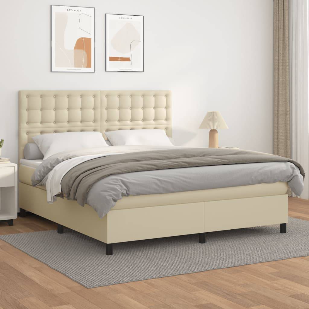 vidaXL Boxspringbett mit Matratze Creme 160x200 cm Kunstleder