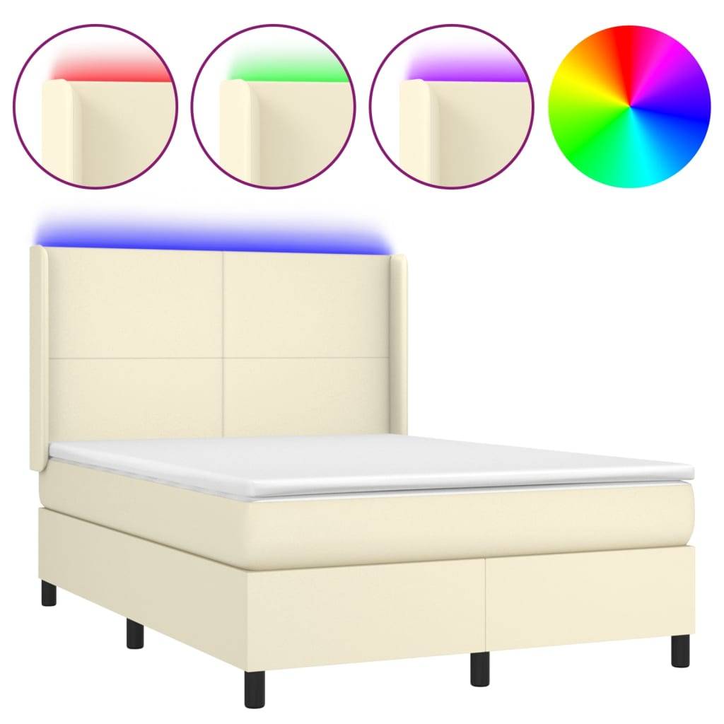 vidaXL Boxspringbett mit Matratze & LED Creme 140x190 cm Kunstleder