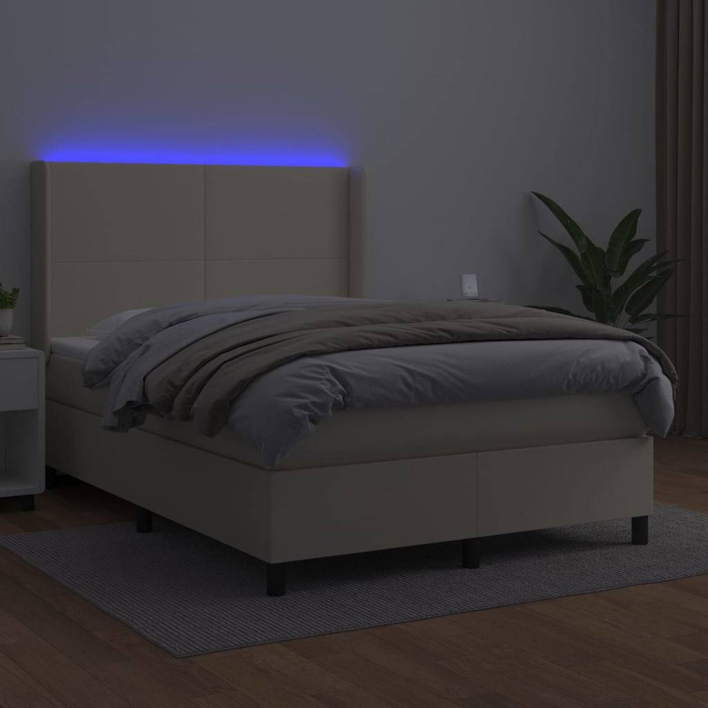 vidaXL Boxspringbett mit Matratze & LED Creme 140x190 cm Kunstleder