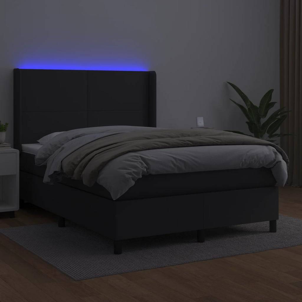 vidaXL Boxspringbett mit Matratze &amp; LED Schwarz 140x200 cm Kunstleder