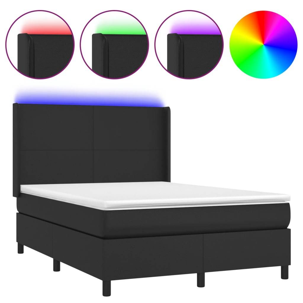 vidaXL Boxspringbett mit Matratze &amp; LED Schwarz 140x200 cm Kunstleder