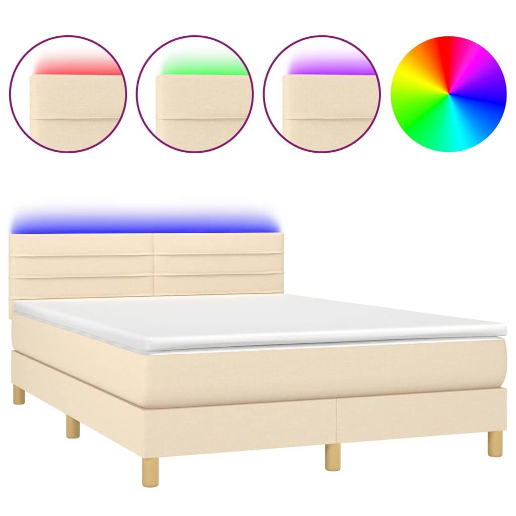 vidaXL Boxspringbett mit Matratze & LED Creme 140x200 cm Stoff