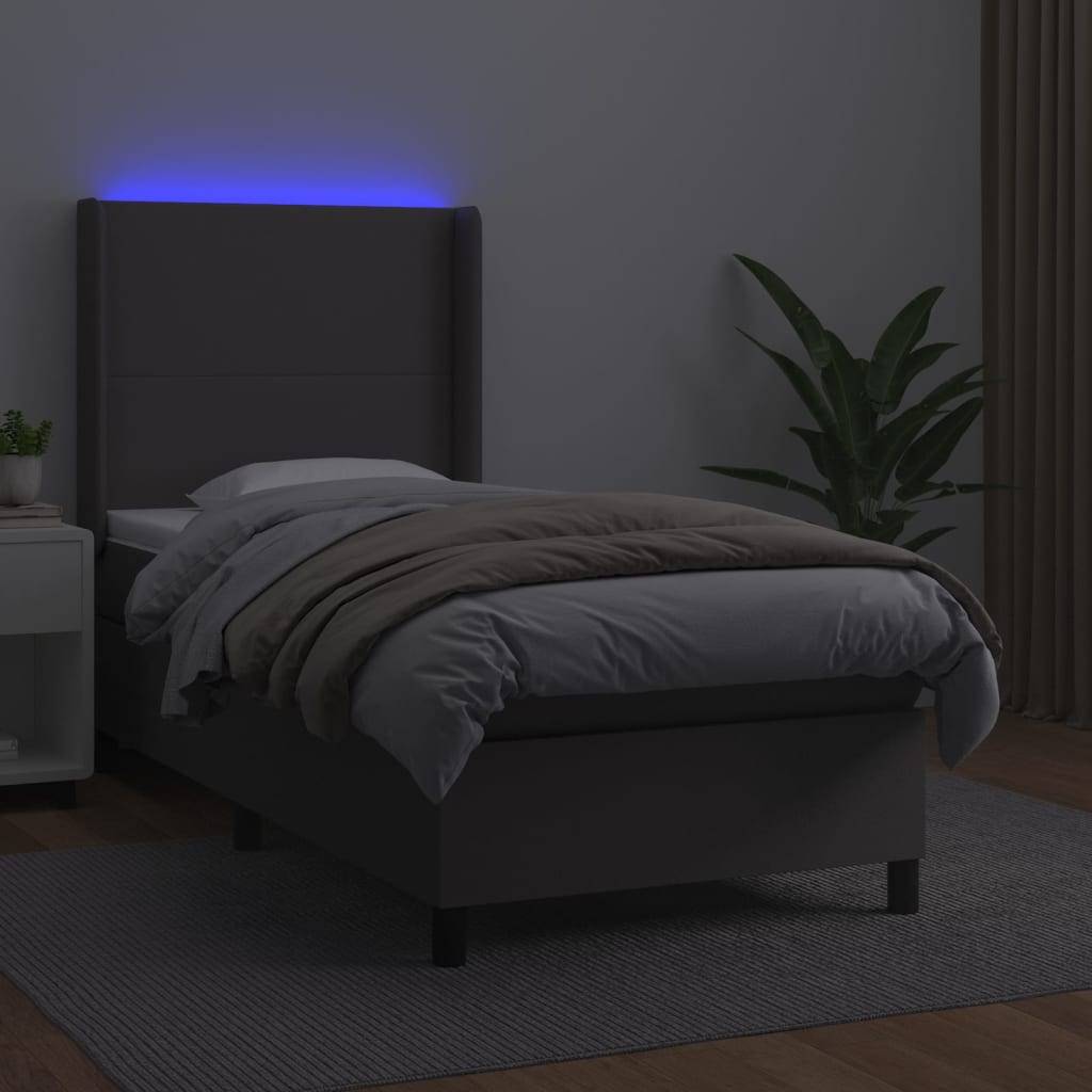 vidaXL Boxspringbett mit Matratze & LED Grau 90x190 cm Kunstleder