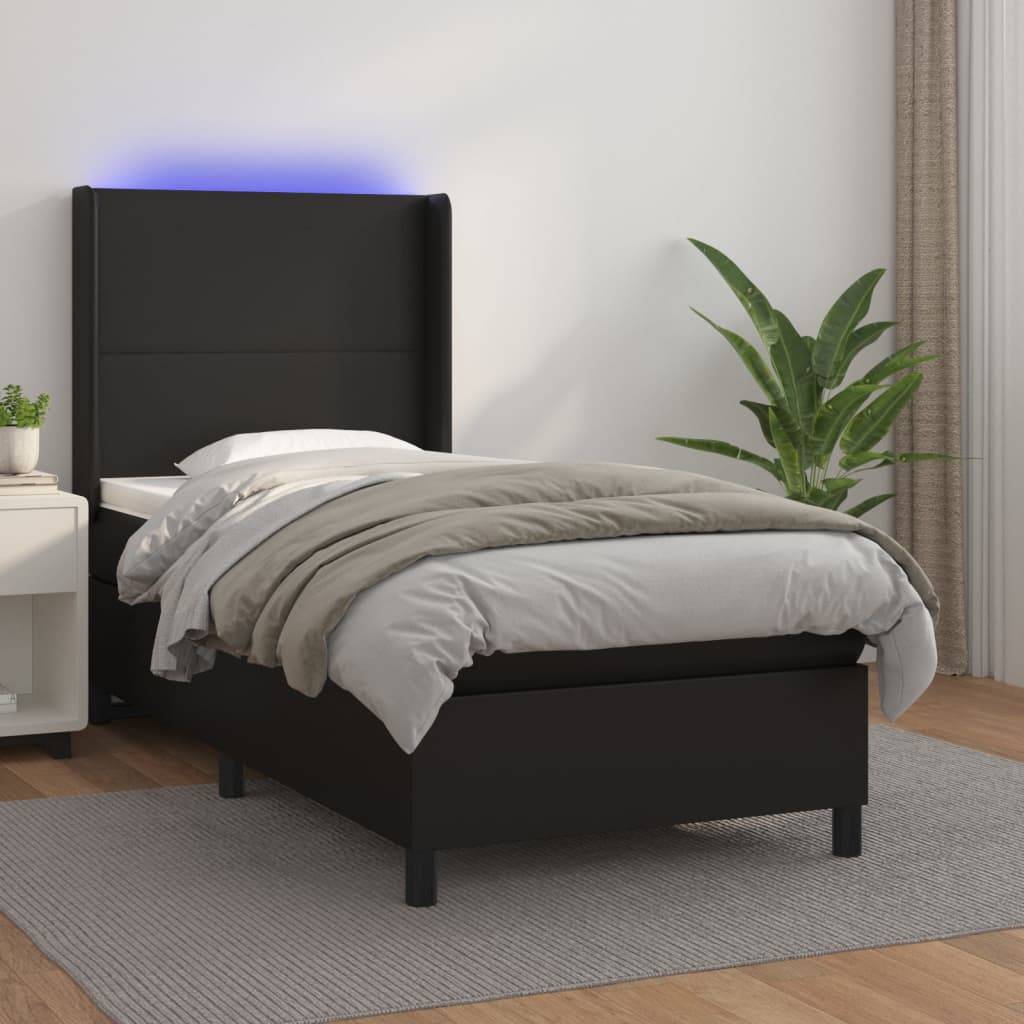 vidaXL Boxspringbett mit Matratze & LED Schwarz 90x200 cm Kunstleder