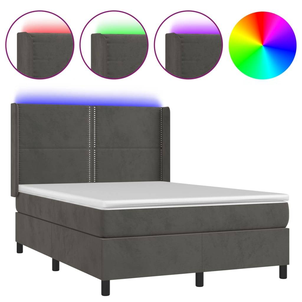 vidaXL Boxspringbett mit Matratze &amp; LED Dunkelgrau 140x190 cm Samt