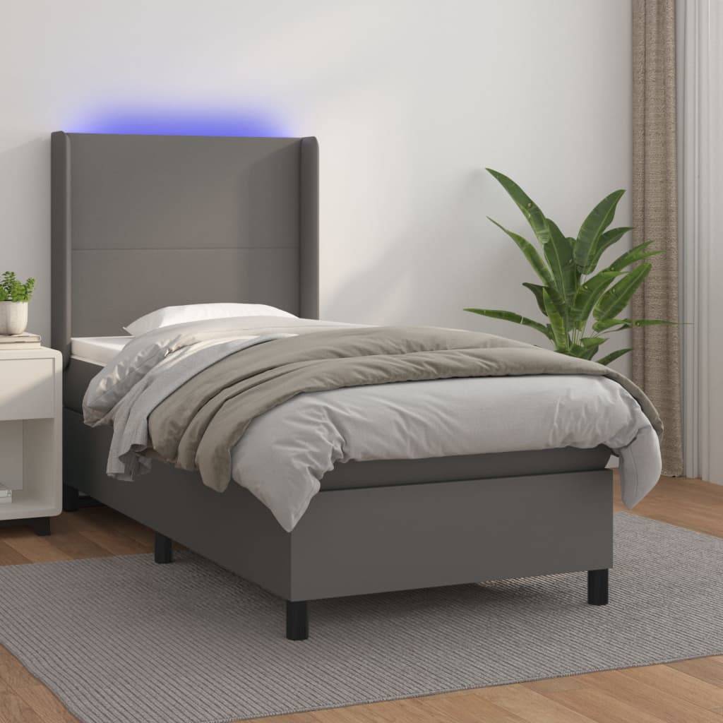 vidaXL Boxspringbett mit Matratze & LED Grau 90x190 cm Kunstleder